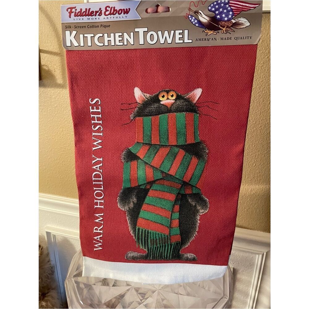 Fiddler's Elbow Red Holiday Kitchen Towel with Cat in Green & Red Scarf